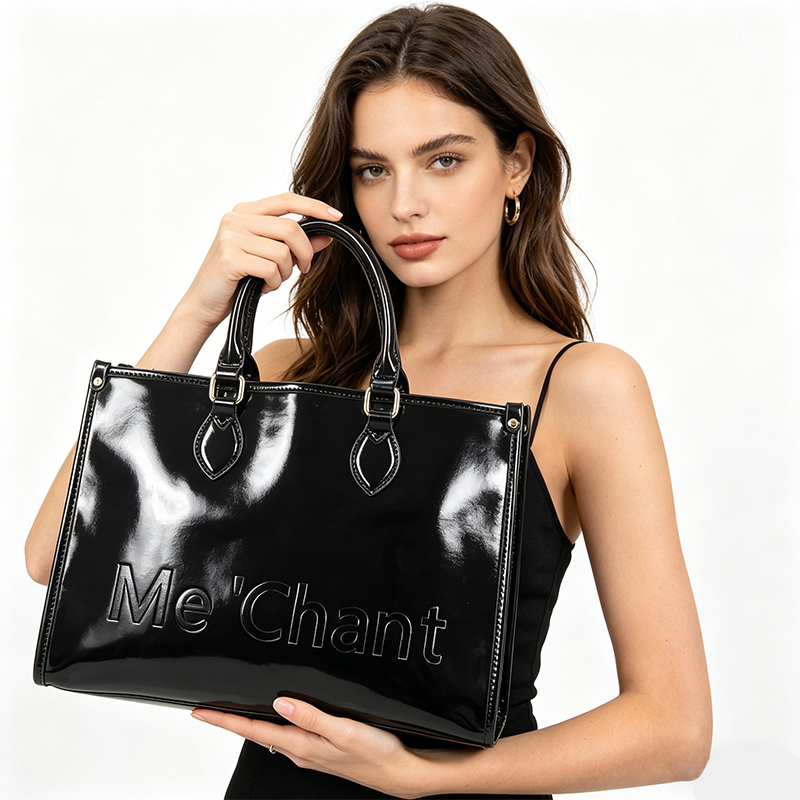 Structured Handbag Work - Women Black Glossy Patent PU Leather