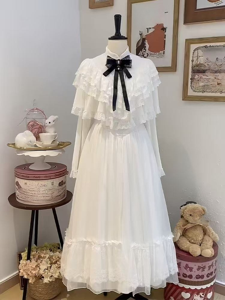 Women Formal Wear With Skirt - Japanese Short Sleeve Bow Lace Dress