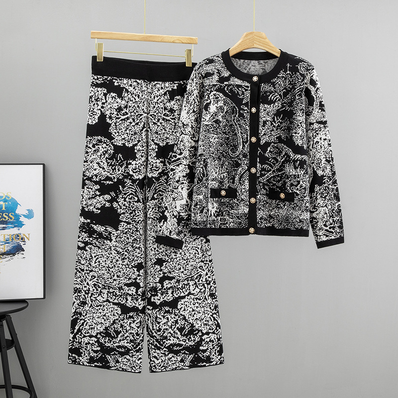 Women'S Formal Wear With Pants - Temperament Jacquard Landscape Painting Fashion Knitted