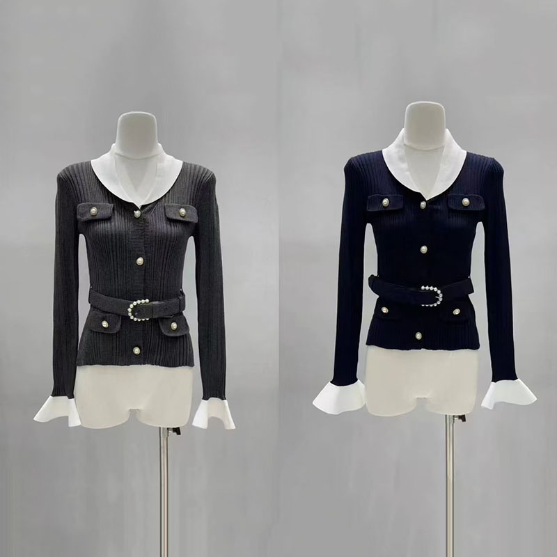 Women'S Formal Wear Cardigan - Contrasting-color V-neck fitted knitted cardigan for