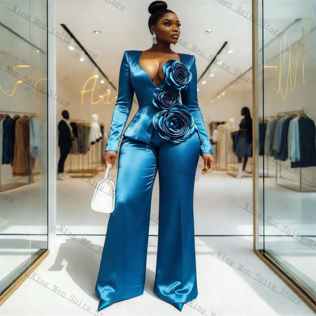 Blue Satin Women Suit Set 2 Pc - đánh giá và giá Women'S Formal Wear Wedding Guest