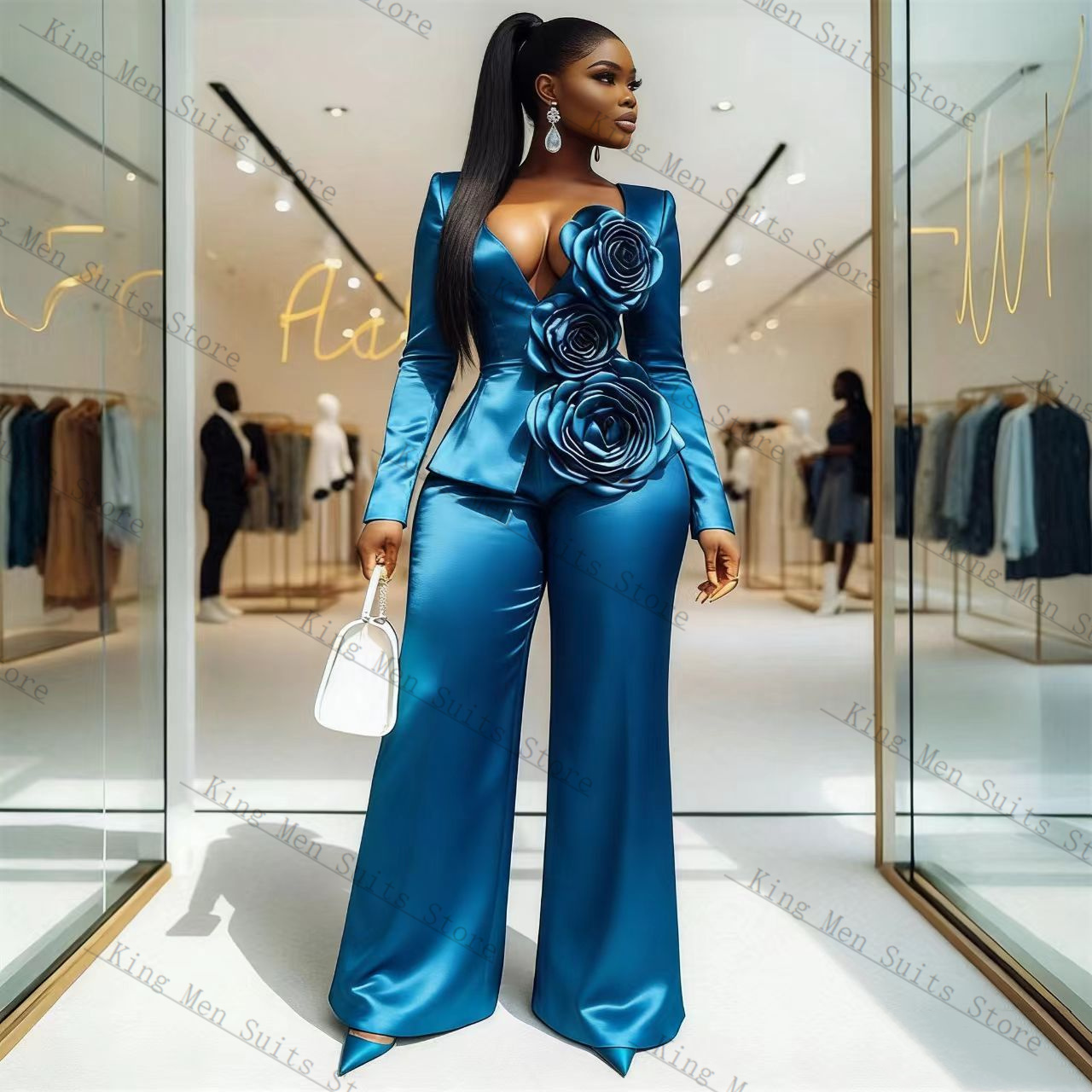 Blue Satin Women Suit Set 2 Pc - đánh giá và giá Women'S Formal Wear Wedding Guest